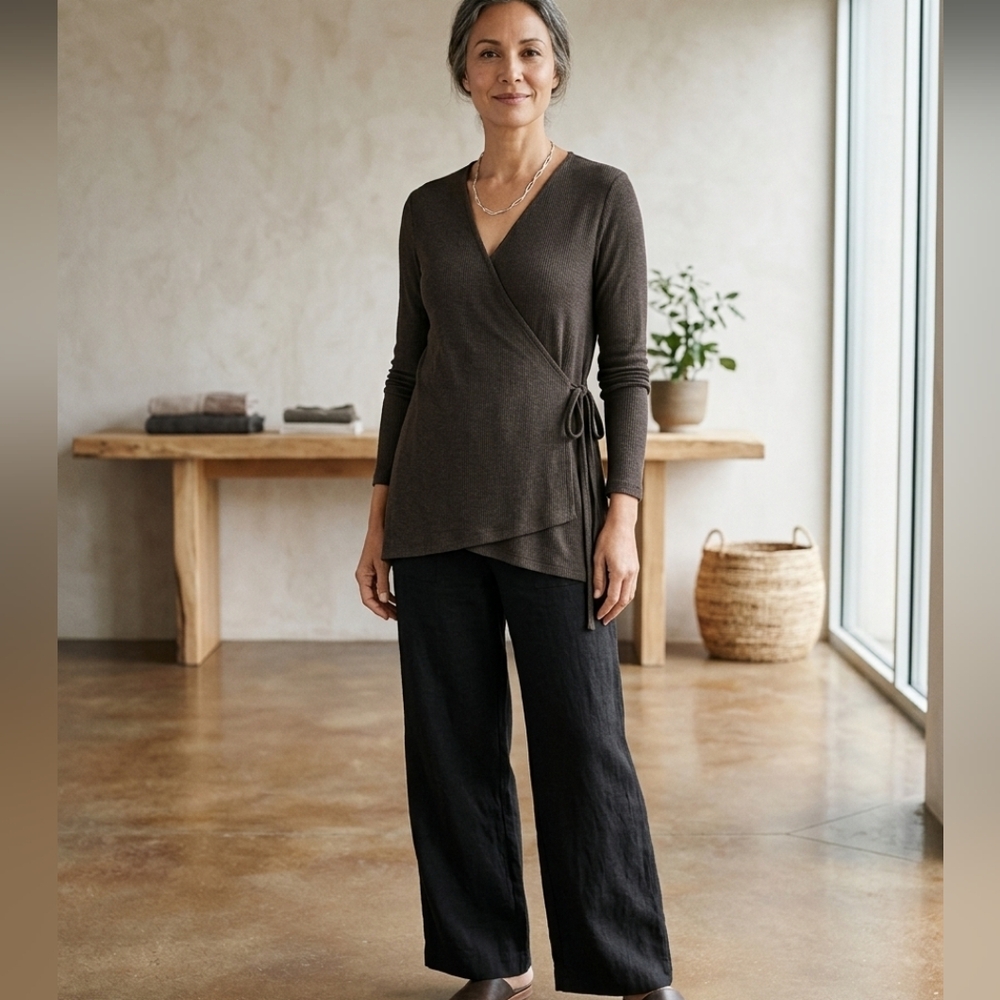Eileen Fisher Viscose Blend Brown Wrap Sweater Teacher Modest Cottage Workwear